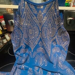 Gorgeous Blue & Gold Sparkle Long Floor Length Evening Dress-Gown - Jump Apparel